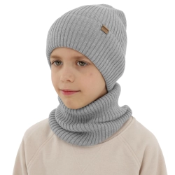 Czapka i komin dla chłopca jesienny, wiosenny komplet, jasnoszary, 100% wełniany merino Kimu-1