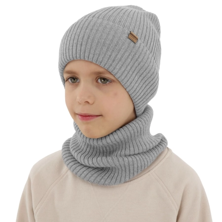 Czapka i komin dla chłopca jesienny, wiosenny komplet, jasnoszary, 100% wełniany merino Kimu-1
