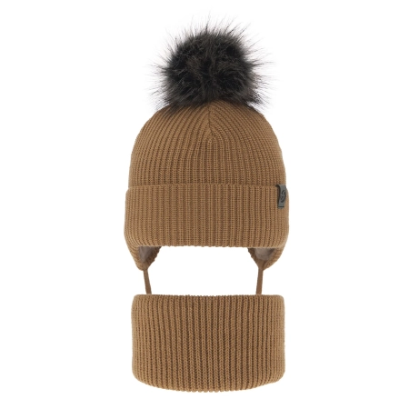 Czapka i komin dla chłopca zimowy komplet, camel, z pomponem, wiązany Honed-2