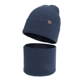 Czapka i komin dla chłopca jesienny, wiosenny komplet, ciemnoniebieski, 100% wełniany merino Kimu-1