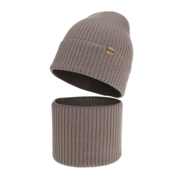 Czapka i komin dla chłopca jesienny, wiosenny komplet, ciemnobeżowy, 100% wełniany merino Kimu-1