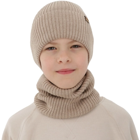 Czapka i komin dla chłopca jesienny, wiosenny komplet, beżowy, 100% wełniany merino Kimu-1