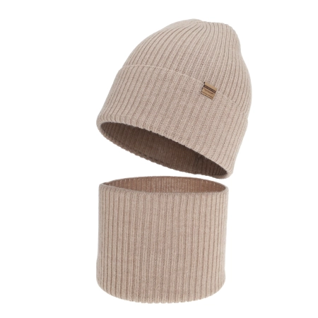 Czapka i komin dla chłopca jesienny, wiosenny komplet, beżowy, 100% wełniany merino Kimu-2