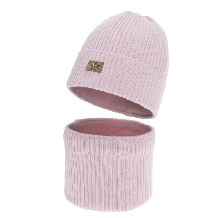 Czapka i komin dla dziewczynki zimowy komplet, z wełną merino, liliowy, Pyha-2