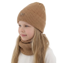 Czapka i komin dla dziewczynki zimowy komplet, z wełną merino, camel, Pyha-1