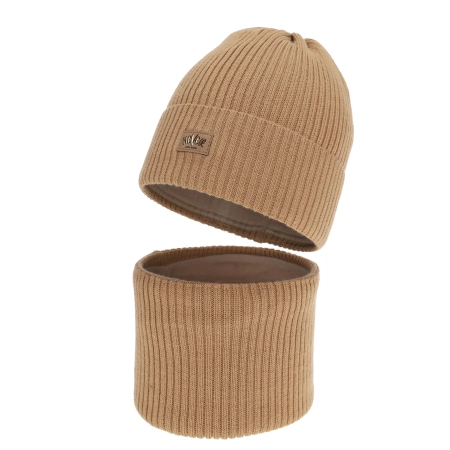 Czapka i komin dla dziewczynki zimowy komplet, z wełną merino, camel, Pyha-2