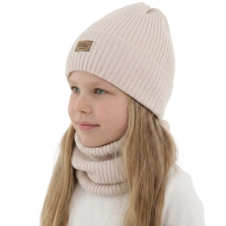 Czapka i komin dla dziewczynki zimowy komplet, z wełną merino, jasnoróżowy, Pyha-1