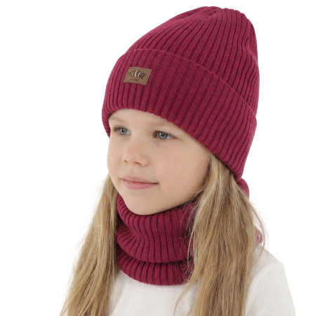 Czapka i komin dla dziewczynki zimowy komplet, z wełną merino, amarantowy, Pyha-1