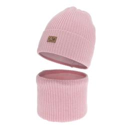 Czapka i komin dla dziewczynki zimowy komplet, z wełną merino, różowy, Pyha-1