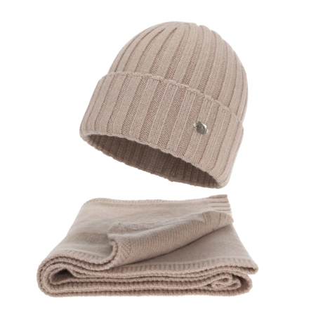 Czapka i szalik damski zimowy komplet, ciemnobeżowy, wełna merino z kaszmirem, Zolira-1