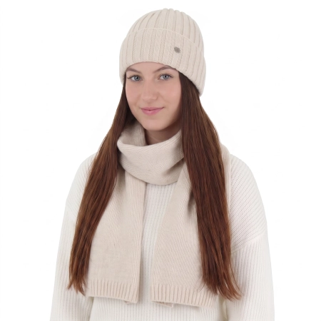 Czapka i szalik damski zimowy komplet, jasnobeżowy, wełna merino z kaszmirem, Zolira-1