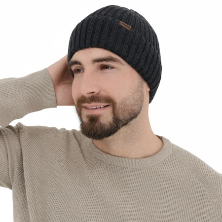 Czapka zimowa męska, ciemnoszara, 100% wełniana merino Brevin-3