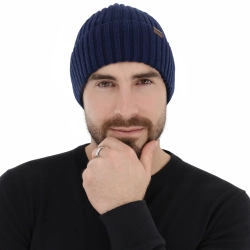 Czapka zimowa męska, granatowa, 100% wełniana merino Brevin-1