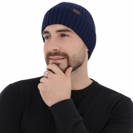 Czapka zimowa męska, granatowa, 100% wełniana merino Brevin-3