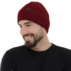 Czapka zimowa męska, bordowa, 100% wełniana merino Brevin-1