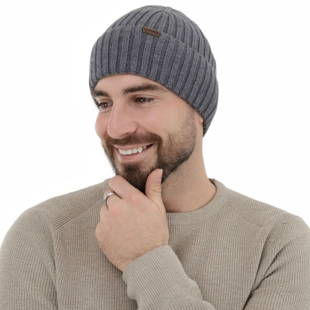 Czapka zimowa męska, szara, 100% wełniana merino Brevin-3