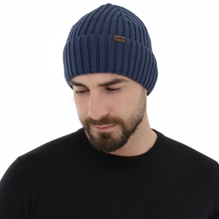Czapka zimowa męska, niebieska, 100% wełniana merino Brevin-3