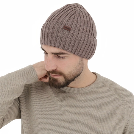 Czapka zimowa męska, ciemnobeżowa, 100% wełniana merino Brevin-3