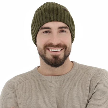 Czapka zimowa męska, khaki, 100% wełniana merino Brevin-1
