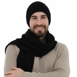 Czapka i szalik męski zimowy komplet, czarny, 100% wełniany merino Brivio-1