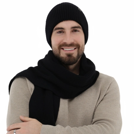Czapka i szalik męski zimowy komplet, czarny, 100% wełniany merino Brivio-1