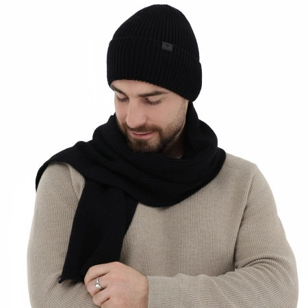 Czapka i szalik męski zimowy komplet, czarny, 100% wełniany merino Brivio-3