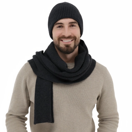 Czapka i szalik męski zimowy komplet, ciemnoszary, 100% wełniany merino Brivio-1