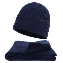 Czapka i szalik męski zimowy komplet, granatowy, 100% wełniany merino Brivio-1