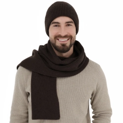 Czapka i szalik męski zimowy komplet, brązowy, 100% wełniany merino Brivio-1