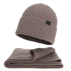 Czapka i szalik męski zimowy komplet, beżowy, 100% wełniany merino Brivio-1