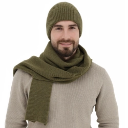 Czapka i szalik męski zimowy komplet, khaki, 100% wełniany merino Brivio-1