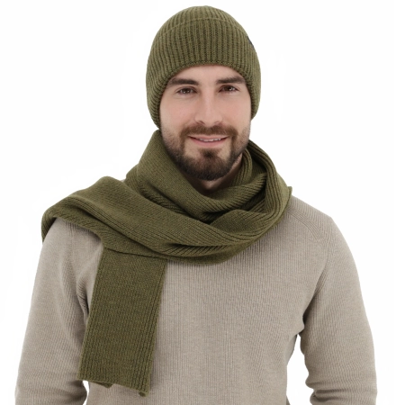Czapka i szalik męski zimowy komplet, khaki, 100% wełniany merino Brivio-1