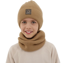 Czapka i komin podszyty polarem dla chłopca zimowy komplet, camel, z wełną merino, Livo-1