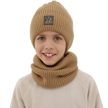 Czapka i komin podszyty polarem dla chłopca zimowy komplet, camel, z wełną merino, Livo-1