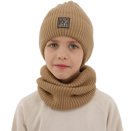Czapka i komin podszyty polarem dla chłopca zimowy komplet, camel, z wełną merino, Livo-2