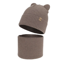 Czapka i komin dla chłopca jesienny, wiosenny komplet, ciemnobeżowy, 100% wełniany merino Alviro-1