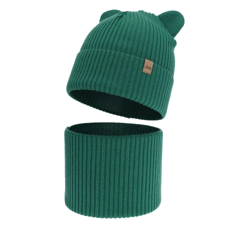 Czapka i komin dla chłopca jesienny, wiosenny komplet, szmaragdowy, 100% wełniany merino Alviro-1