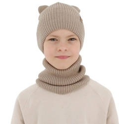 Czapka i komin dla chłopca jesienny, wiosenny komplet, beżowy, 100% wełniany merino Alviro-1