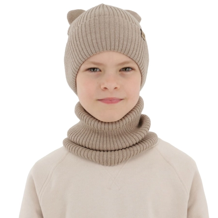 Czapka i komin dla chłopca jesienny, wiosenny komplet, beżowy, 100% wełniany merino Alviro-1