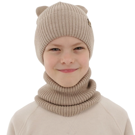 Czapka i komin dla chłopca jesienny, wiosenny komplet, beżowy, 100% wełniany merino Alviro-2