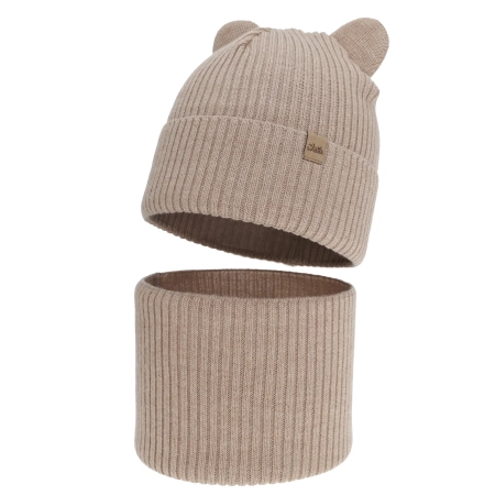 Czapka i komin dla chłopca jesienny, wiosenny komplet, beżowy, 100% wełniany merino Alviro-3