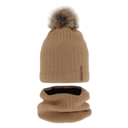 Czapka i komin dla chłopca zimowy komplet, camel, z pomponem, podszyty Kalen-1