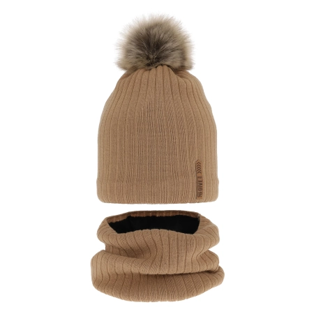 Czapka i komin dla chłopca zimowy komplet, camel, z pomponem, podszyty Kalen-1