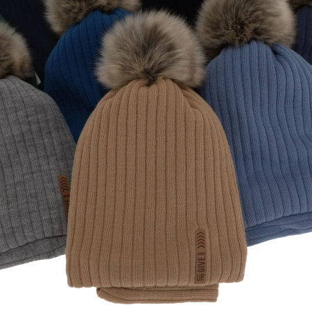 Czapka i komin dla chłopca zimowy komplet, camel, z pomponem, podszyty Kalen-3