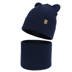 Czapka i komin dla chłopca jesienny, wiosenny komplet, granatowy, 100% wełniany merino Alviro-1