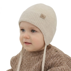 Czapka zimowa dla chłopca, podszyta bawełną, jasnobeżowa, wełna merino z kaszmirem, Dorino-1