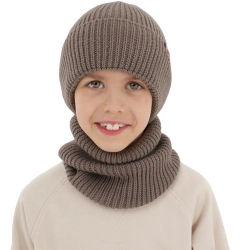 Czapka i komin dla chłopca, zimowy komplet, 100% wełniany merino, ciemnobeżowy Serimo-1