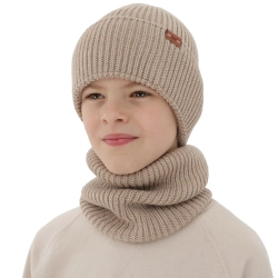 Czapka i komin dla chłopca, zimowy komplet, 100% wełniany merino, beżowy Serimo-1