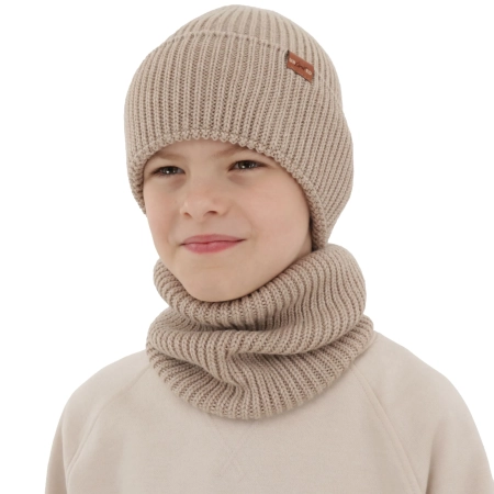 Czapka i komin dla chłopca, zimowy komplet, 100% wełniany merino, beżowy Serimo-2