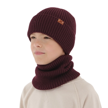 Czapka i komin dla chłopca, zimowy komplet, 100% wełniany merino, burgundowy Serimo-1
